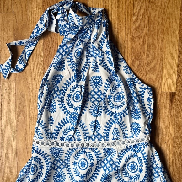 Blue & White Ornate Halterneck Sleeveless Midi Dress - Picture 3 of 4